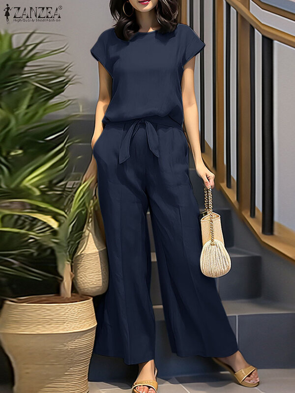2 szt. Damska bluzka z krótkim rękawem spodnie typu OL garnitury moda ZANZEA spodnie z szeroką nogawką luźny letni dres solidny Outifits