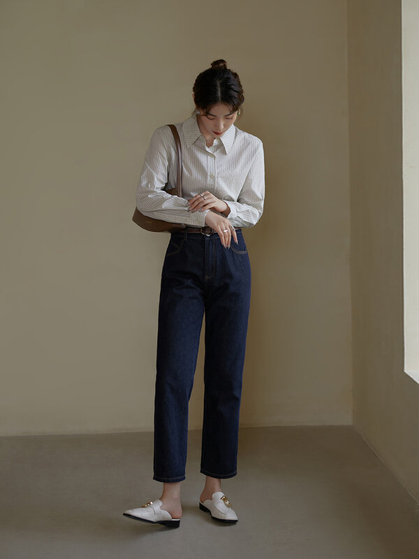 Dushu mulher jeans azul escuro cintura alta em linha reta-perna jean feminino sólido vintage commuter 100% algodão jeans colorfast denim calças