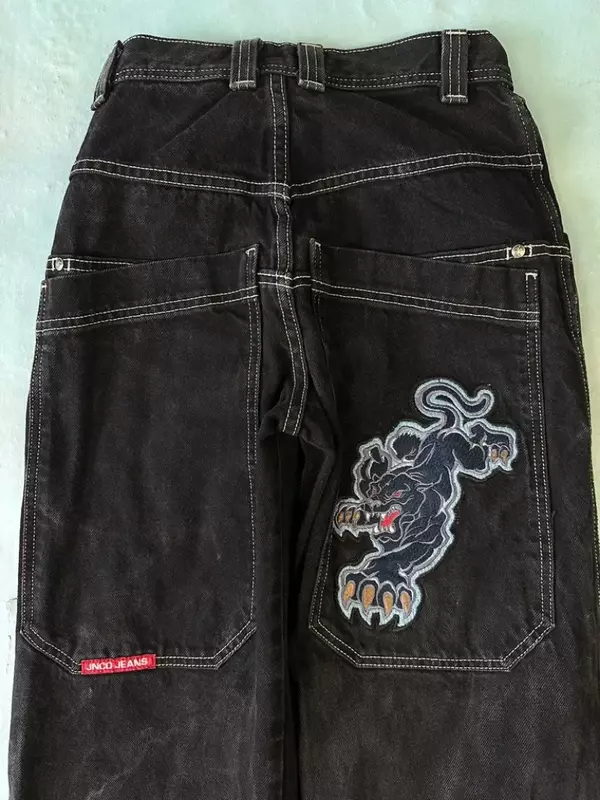 Pantalones vaqueros retro americanos con patrón de dibujos animados personalizados, pantalones negros sueltos con estampado bordado, pantalones de cintura alta para pareja, ropa de calle