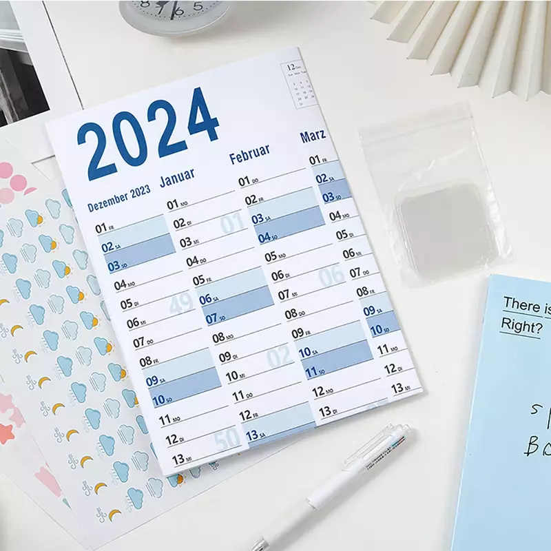 2024 Blue Paper Wall Hanging Calendar Daily Plan To Do List Schedule Memo Stationery Home Office School Supplies