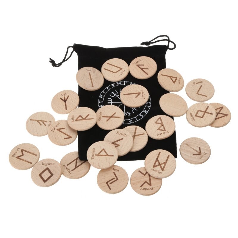 Wooden Runes Stone Runas Piedra for Divination Props Carved Energy Stone Runes Symbols Letters with Bag Tablecloth