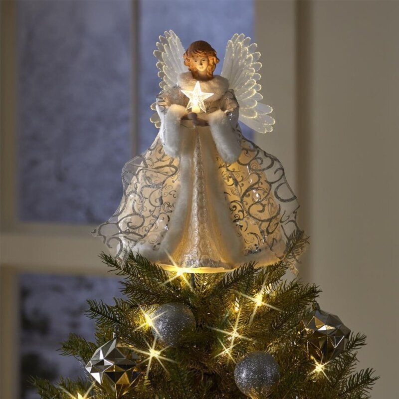 شجرة عيد الميلاد أعلى الملاك ضوء حزب زينة الخلفية المناظر الطبيعية لزينة حفل زفاف عيد ميلاد