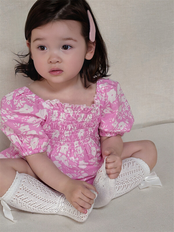 2024 Summer New Baby Girl Cute Puff Sleeve Bodysuit Newborn Toddler Flower Print Princess Jumpsuit Infant Cotton Clothes 0-24M