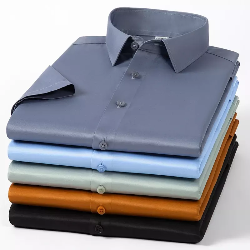 Chemise habillée élastique à manches courtes pour hommes, haute densité, matériau soyeux, solide, affaires, sans poche, vêtements commandés, été