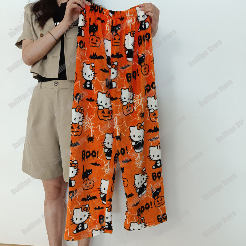 Sanrio Hello Kitty Calças de flanelasCalças femininas de lã kawaii Anime Cartoon Casual Home Pants, pijama Halloween, outono, 2023