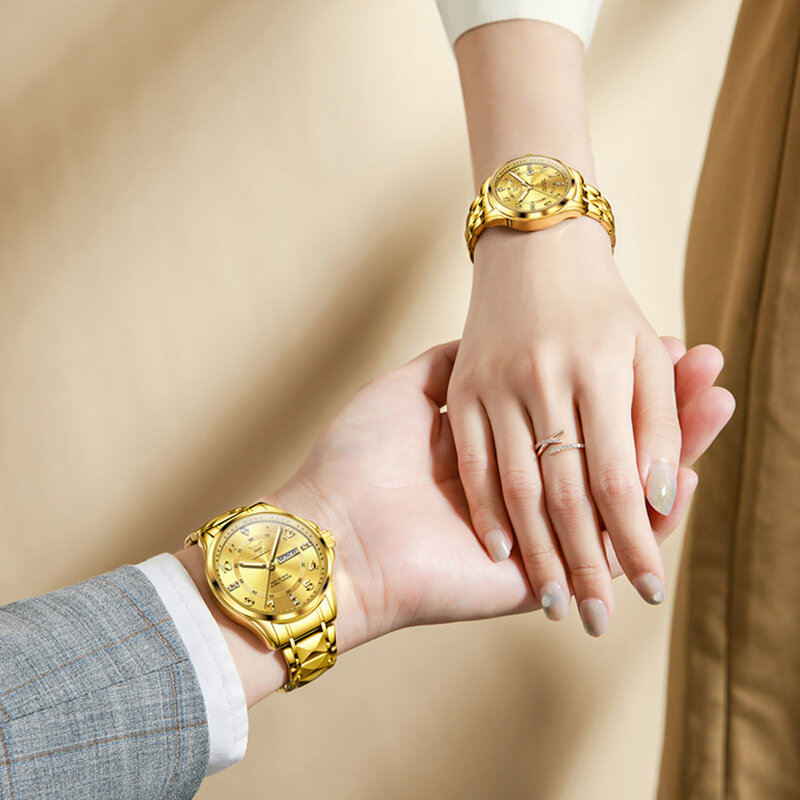 OLEVS ชุดนาฬิกาข้อมือ Jam Tangan pasangan คู่ผู้ชายและกันน้ำสำหรับผู้หญิงสีทองคลาสสิกควอตซ์วันที่คู่รัก