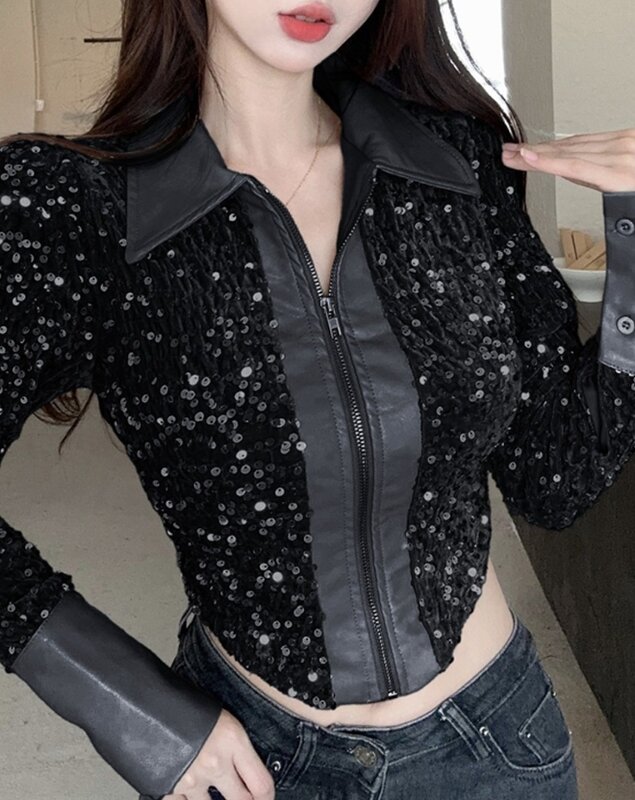 Hot Selling 2023Spring Autumn Womens Jacket Contrast Sequin Zipper Design Patchwork Long Sleeved Turn-Down Collar Top Streetwear