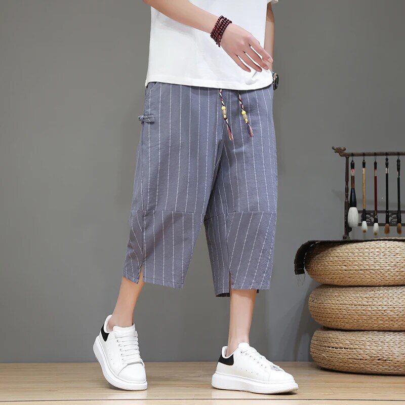 Letnie męskie spodnie Harlan luźne spodnie męskie w luźne paski spodnie do łydki męskie z elastyczną talią w stylu Vintage nowa, w stylu Streetwear