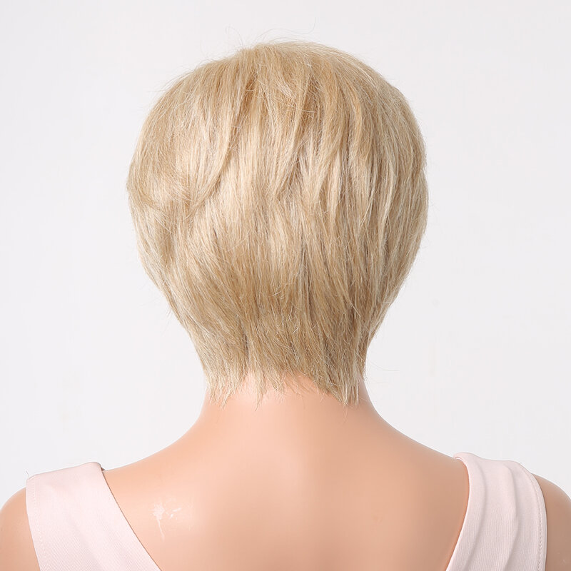 Wig sintetis potongan Pixie 613 pirang pendek untuk wanita rambut lurus emas ringan dengan poni 30% rambut campuran manusia untuk Afrika Afro