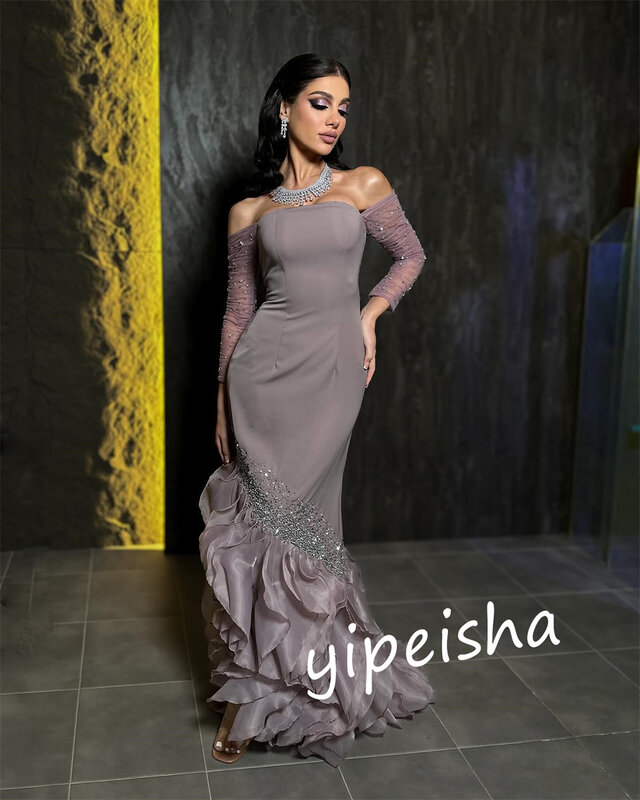 Prom Dress Evening Jersey Pleat Beading Wedding Party A-line Off-the-shoulder Bespoke Occasion Gown Long Dresses Saudi Arabia