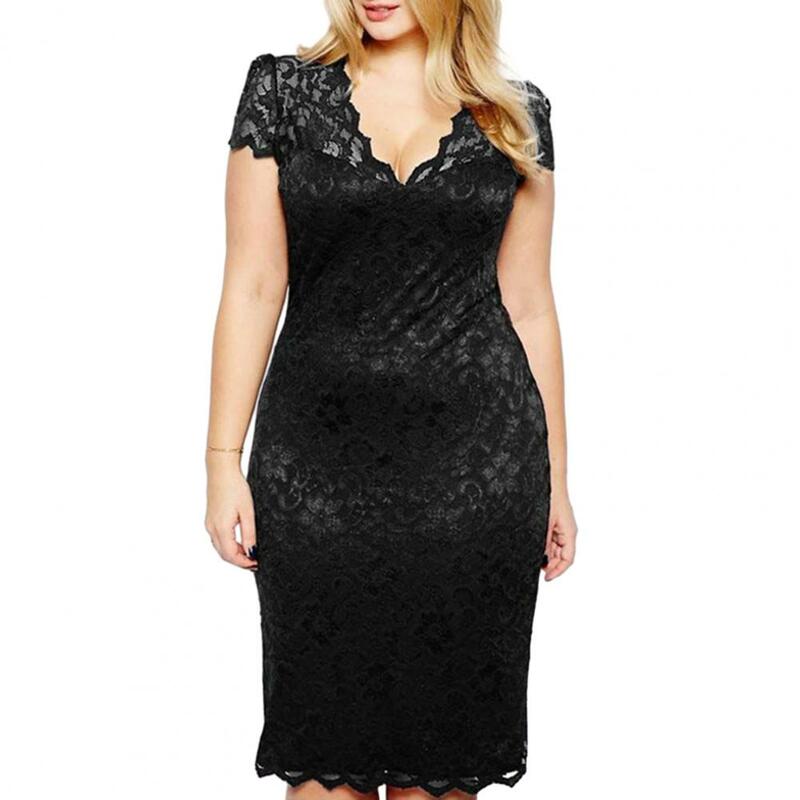 See-through Lace Patchwork Mini Dress Women Summer V-Neck Short Sleeve Slim Fit Plus Size Party Dress Female Clothing