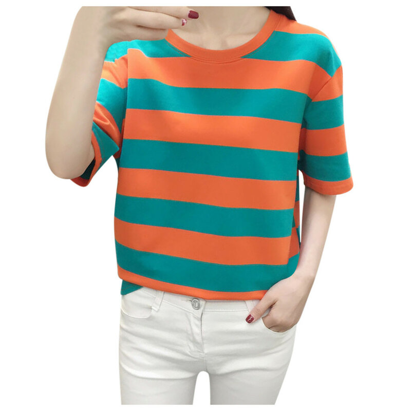 2024 New Striped Short Sleeve T-shirt Ladies Contrast Color Striped Women Top Bottom Shirt T-shirt For Female Tops