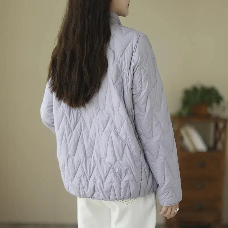 Coreano curto solto grosso colarinho em pé para baixo parka para mulheres, algodão acolchoado, outerwear quente feminino, jaqueta de inverno, novo, 5XL, 2023