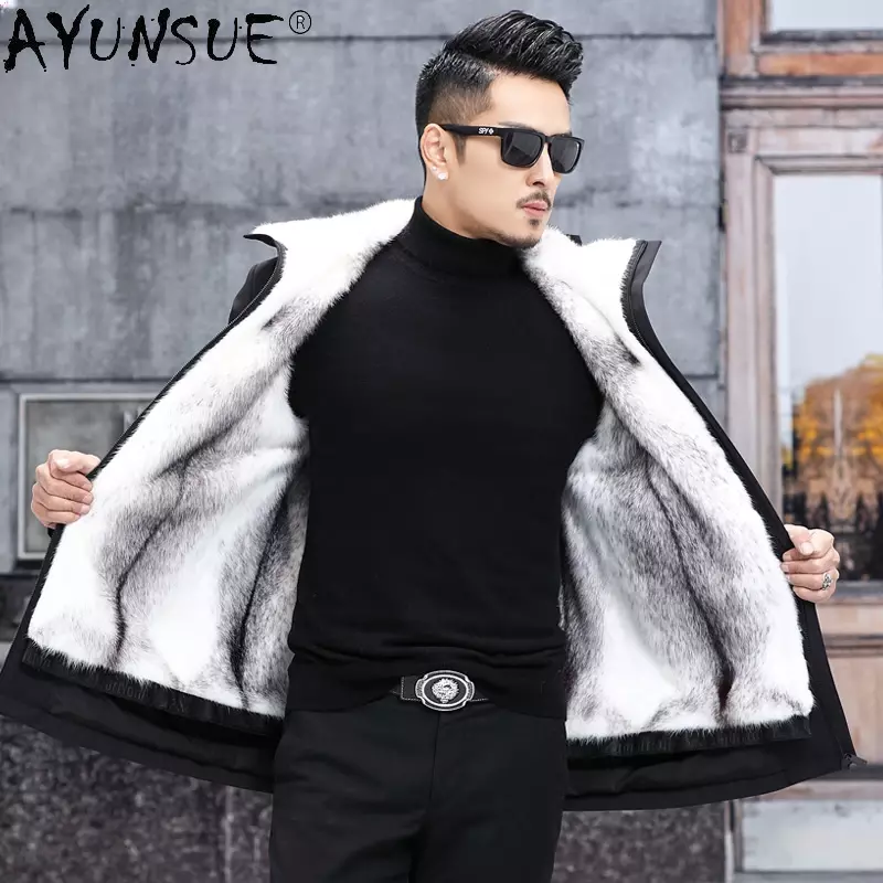 AYUNSUE-Parka de pele real masculina, casaco de vison cruzado, jaqueta de luxo com capuz, Parkas quentes, alta qualidade, inverno