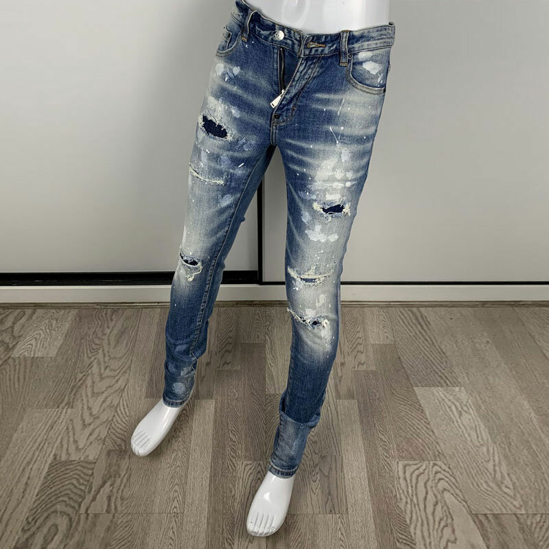 Modne dżinsy męskie uliczna w stylu Retro sprany niebieski rozciągliwe dopasowanie dopasowana, połatana porwane jeansy mężczyzn malowana Hip Hop markowe spodnie Hombre