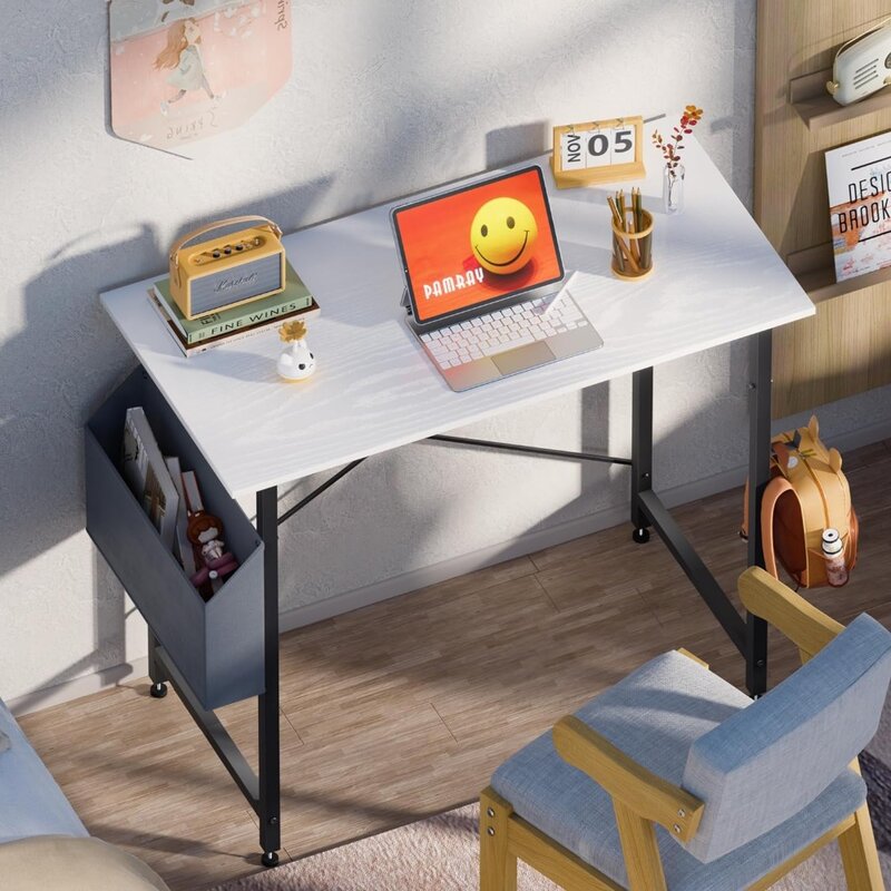 Mesa do computador para espaços pequenos, saco do armazenamento, mesa do trabalho do escritório home, gancho do fone de ouvido, 32"