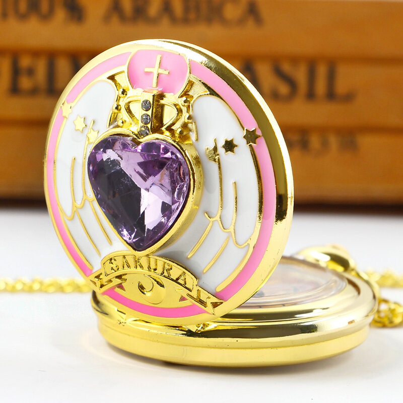 Uroczy kryształowy diamentowy inkrustowany naszyjnik z kryształowym kwiatem wiśni zegarek kieszonkowy dla pań dziewczynek Cosplay kreatywny kwarcowy zegar Fob
