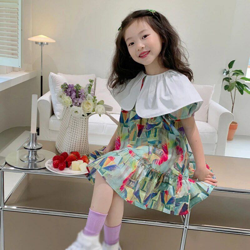子供のサマードレス韓国スタイル,愛らしい油絵,落書きプリント,プリンセスパーティー,ファッショナブル