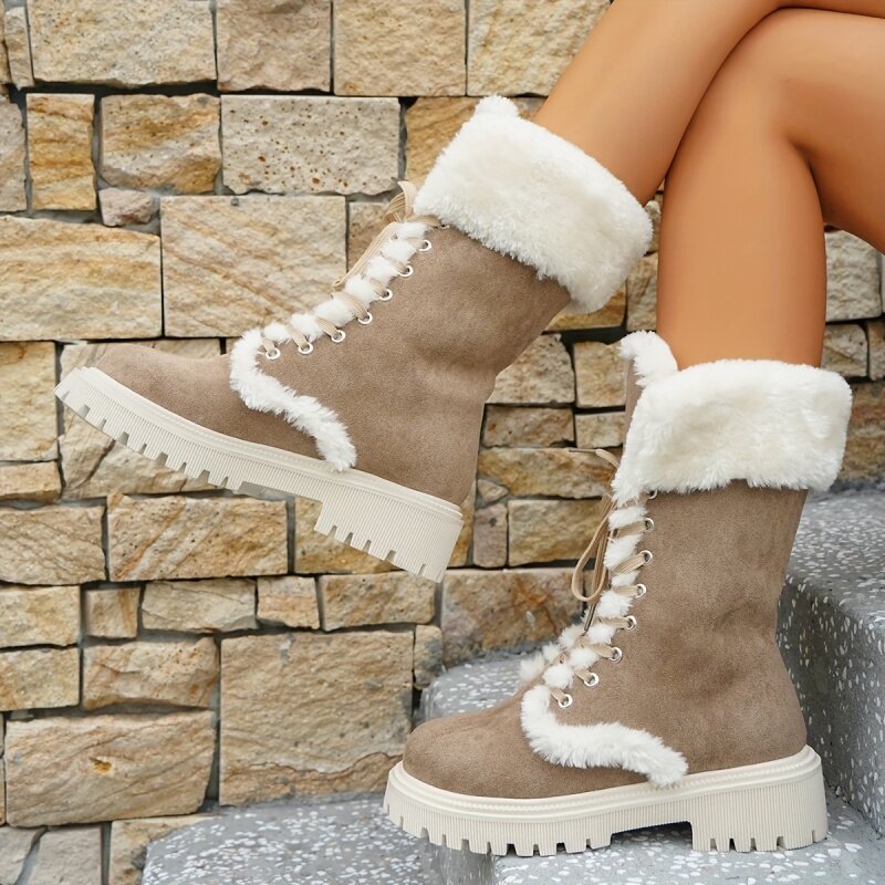 Women Brownlace-up high heeHeel Boots Fashion  Up Outdoor Plush Boots Comfortable Fleece Boots Ankle Boots Fashion English Style