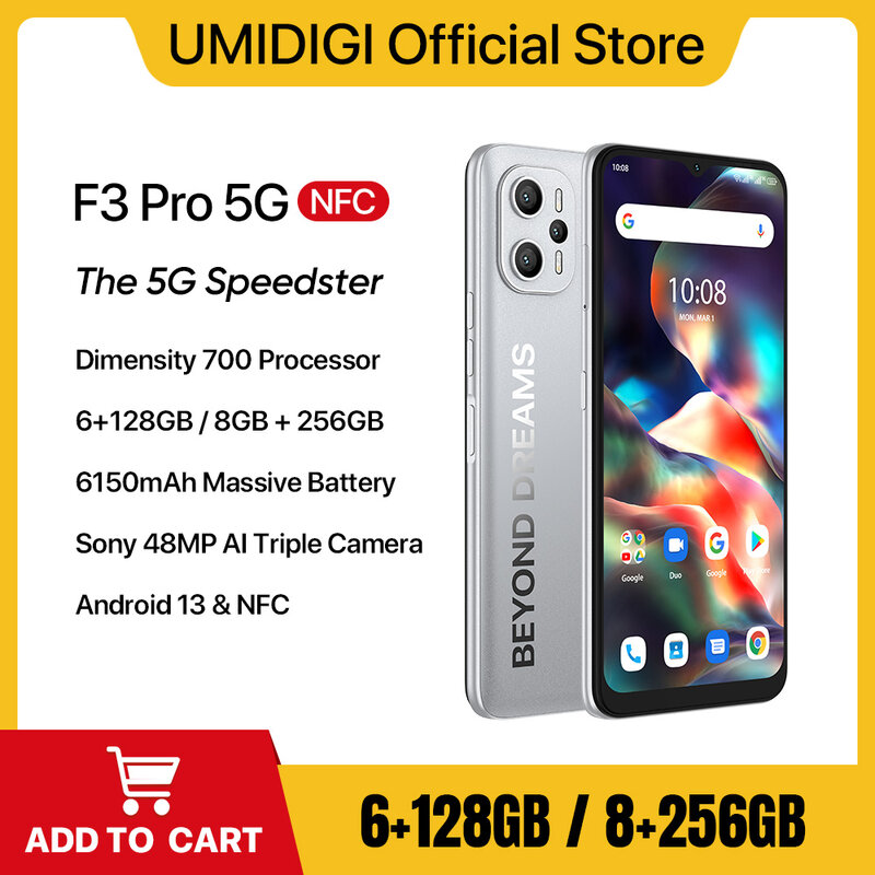 UMIDIGI-F3 PRO Telefone 5G, Smartphone Android 13, Dimensão 700, 6.6 "Display, 8GB, 256GB, Câmera tripla de 48MP, 6150mAh Celular