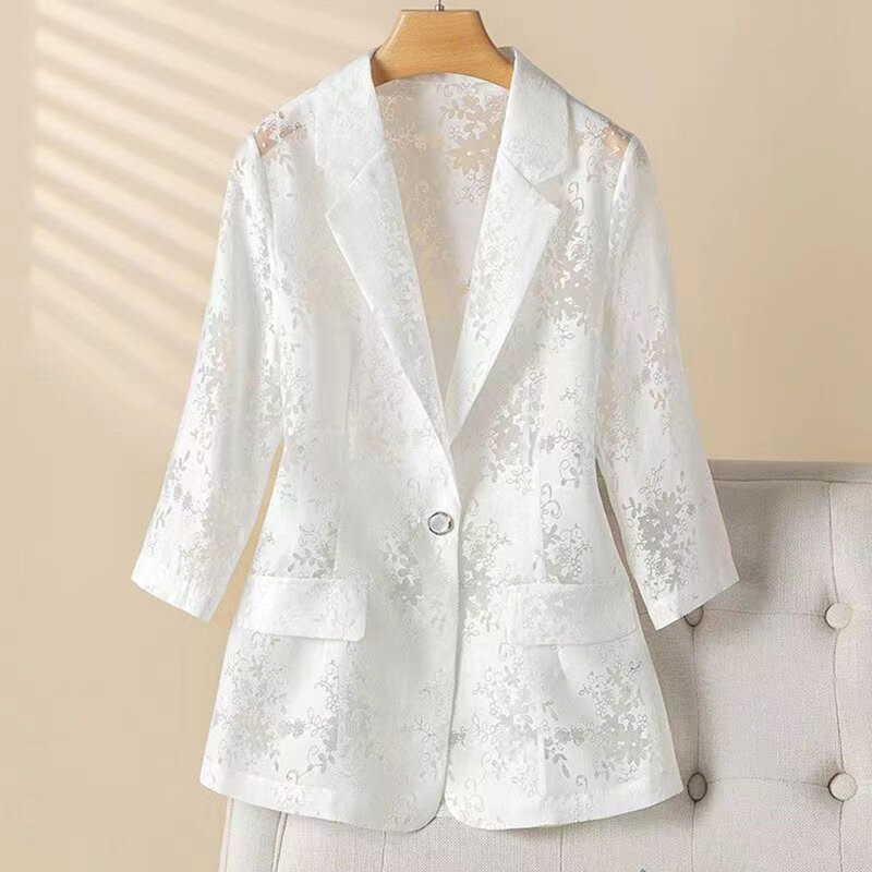 Casaco fino feminino, blazers de renda, protetor solar de organza, jaqueta elegante, meia manga branca, tops finos para senhoras, moda verão