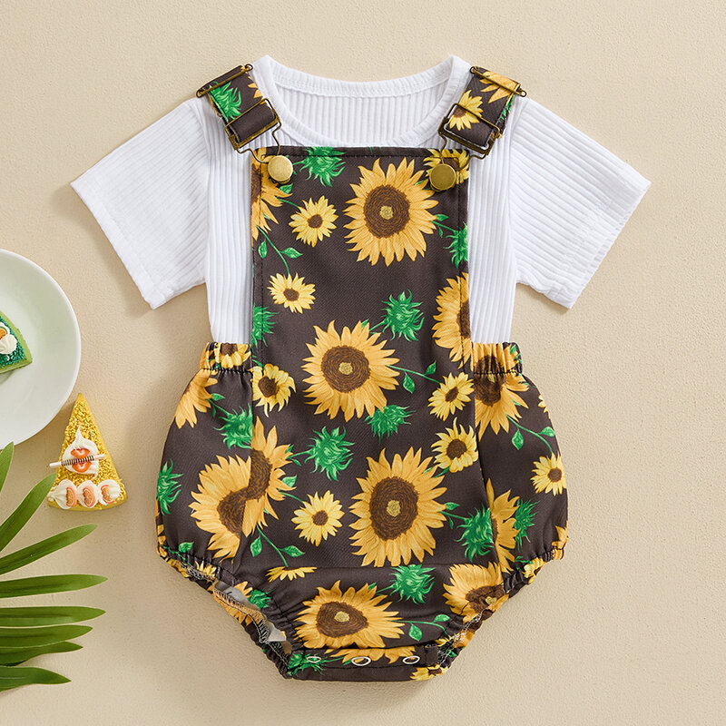 Blotona Baby Girl 2 Piece Summer Set, Short Sleeve Ribbed Tops Sunflower Print Adjustable Overalls Toddler Outfits 0-24M