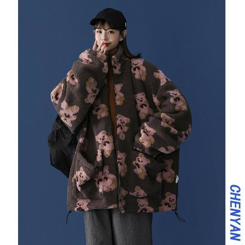 귀여운 곰 패턴 인조 모피 모직 코트 및 재킷 여성용, 따뜻한 캐주얼 긴팔 루즈핏 가을 겨울 의류