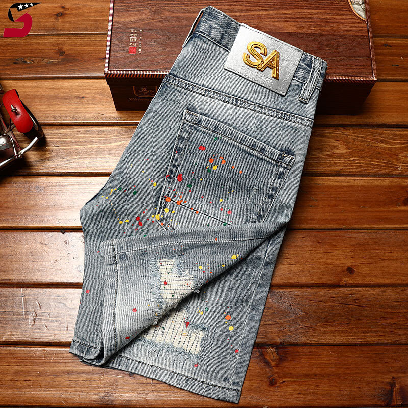 Paint broken hole design pantaloncini di jeans da uomo summer2024new elastico slim-fit trendy alla moda giovani quinto pantaloni