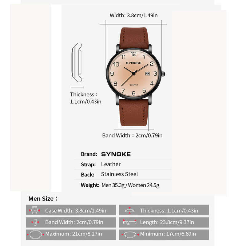 SYNOKE-Relógio de quartzo impermeável de luxo masculino com pulseira de couro, relógio masculino, relógio, presente, moda