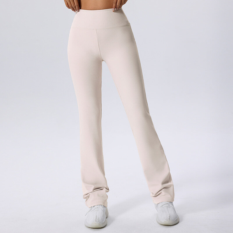 Calças de Yoga Cintura Alta Monocromática para Mulheres, Tecido com nervuras, Calças Esportivas Respiráveis Secas Rápidas, Roupa de ginástica