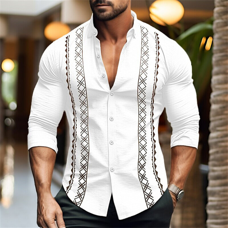 Summer men's solid color 3D printed patchwork button up collar shirt fashion Hawaii beach vacation leisure long sleeved clothing