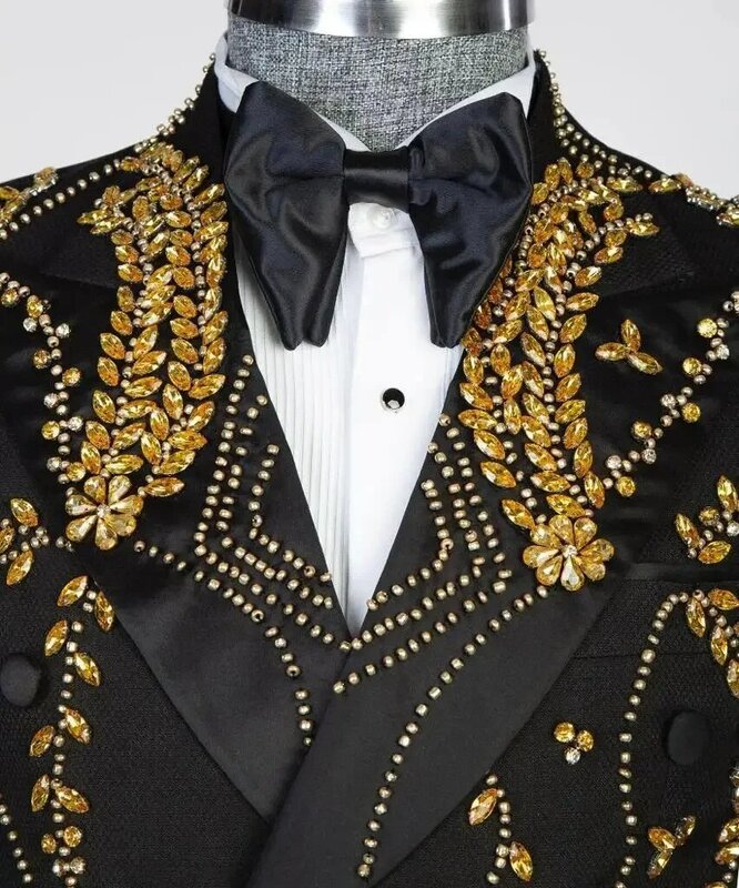 Conjunto de trajes negros con cristales de lujo para hombre, Blazer + Pantalones, puente, esmoquin de boda, doble botonadura, chaqueta hecha a medida, abrigo, 2 piezas