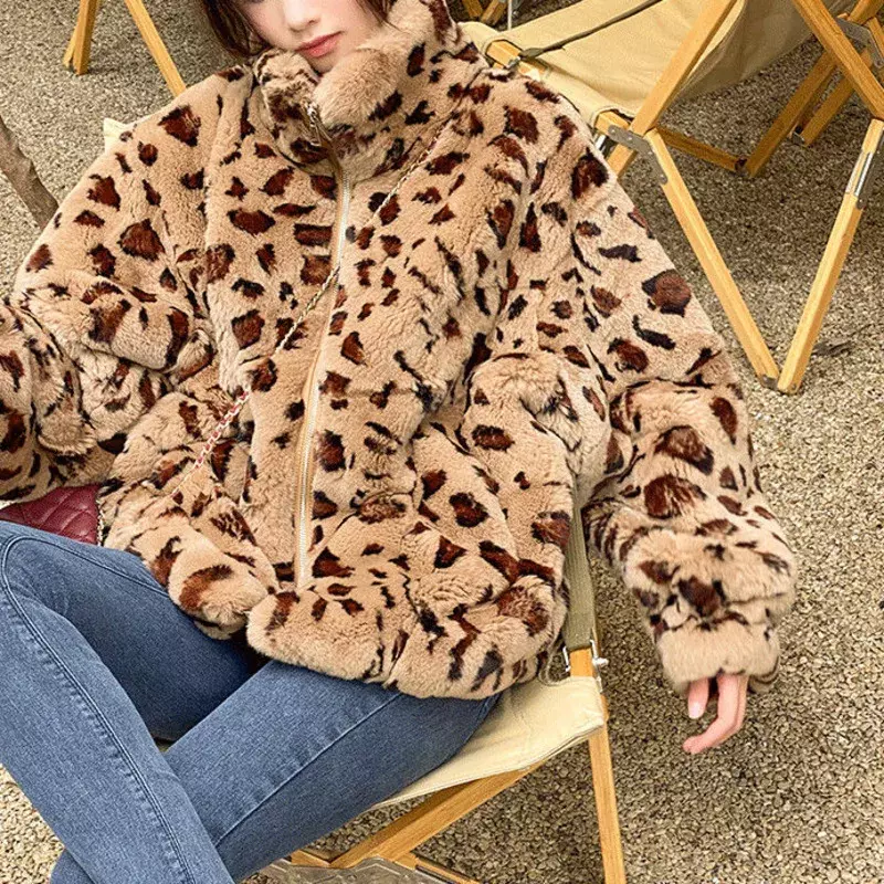 Versão coreana Casaco de cabelo de cordeiro quente solto para mulheres, casaco de leopardo de pelúcia, roupas femininas, outono, inverno, N176, 2024