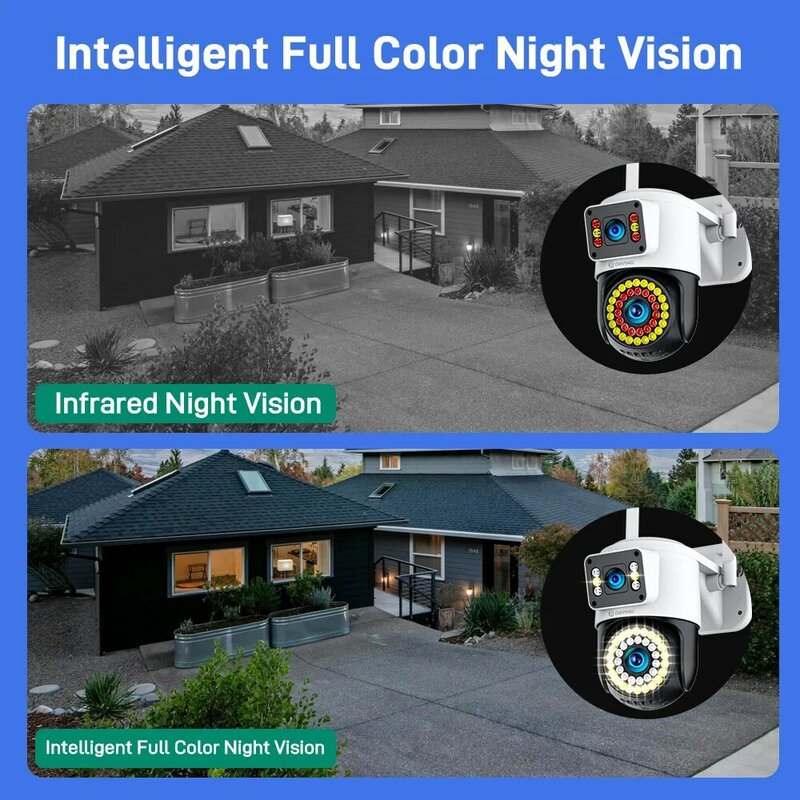 Уличная PTZ-камера с двойным объективом, Wi-Fi, автоматическое отслеживание, двухстороннее аудио, цветное ночное видение, водонепроницаемая Wi-Fi-камера, RGB-проектор