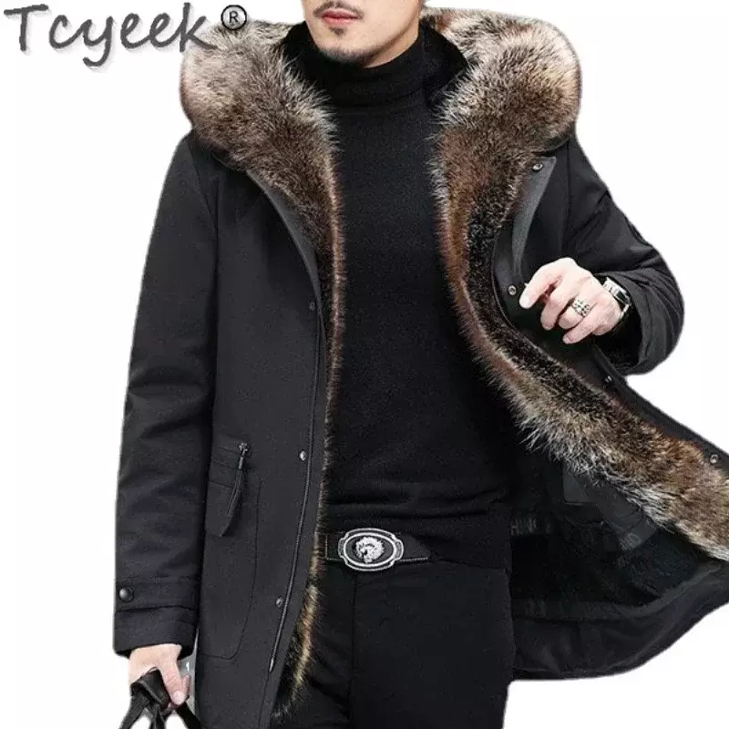 Tcyeek Winter Jacket Men Clothes Men’s Parkas Male Rabbit Fur Liner Mid-length Hooded Coat Raccoon Fur Collar Thickened Fur Coat