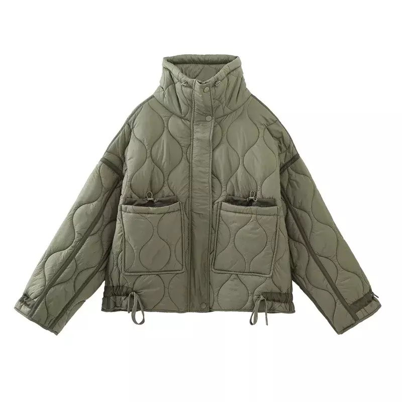 Khaki Quilted Cotton Jacket Straight Short Coat Zipper Stand Collar Pocket Blogger Streetwear Female Outwears