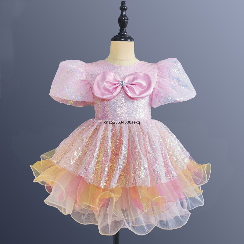 Odzież balowa dla dzieci z cekinami taniec nowoczesny Tutu sukienka dla dziewczynek rękaw typu bombka dzieci kostiumy do tańca sukienka księżniczki