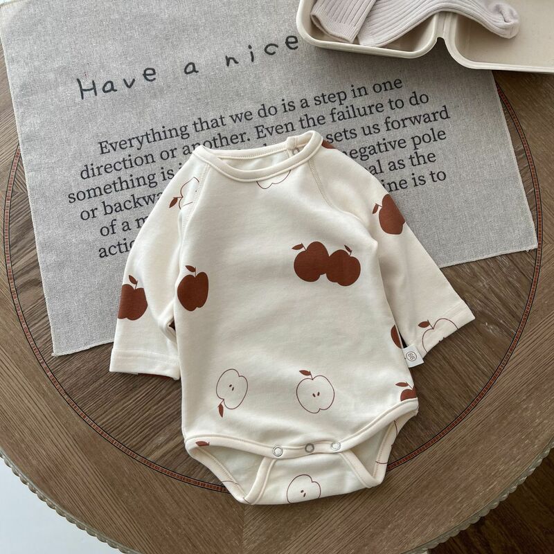 2023 Autumn New Baby Long Sleeve Cotton Bodysuit Infant Girl Boy Cute Apple Print Jumpsuit Toddler Newborn Clothes 0-24M