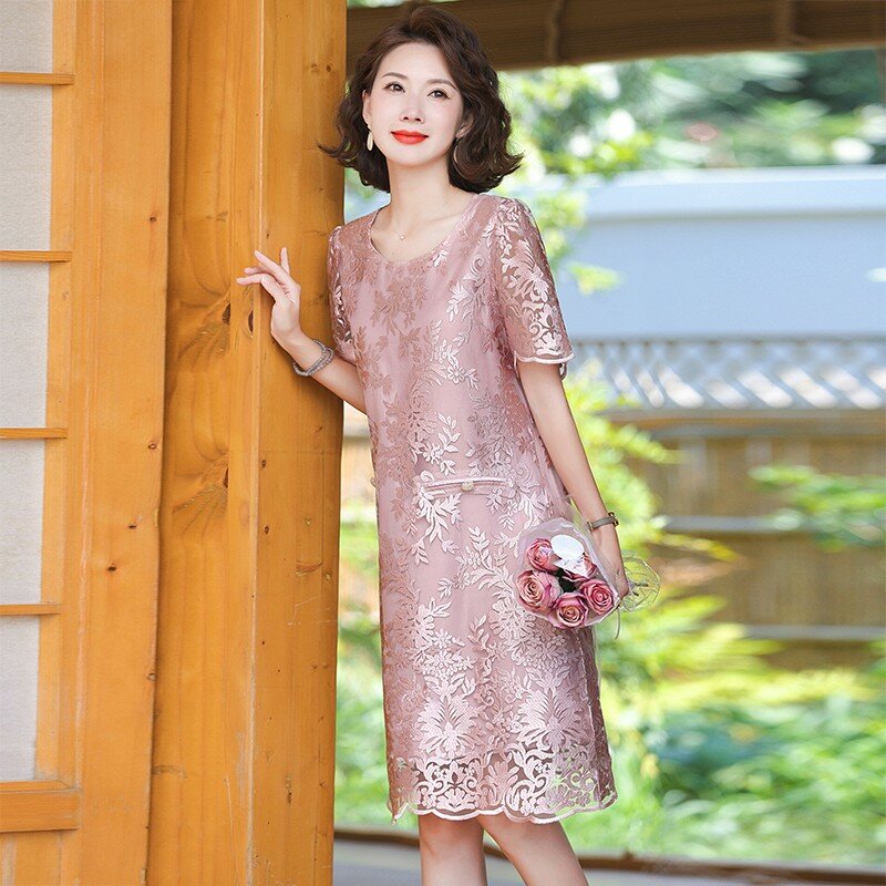 Summer Casual A-line Dress For Women Puff Sleeves Hollow Out Design Mid Length Solid Color Dresses 2024 New Clothing