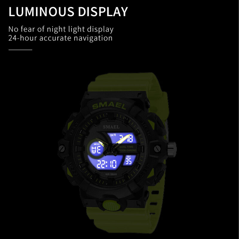 Fashion Smael Top Brand Men Sports 50m Waterproof Dual Time Digital Analog Clock Stopwatch Week Display Casual Sport Watches