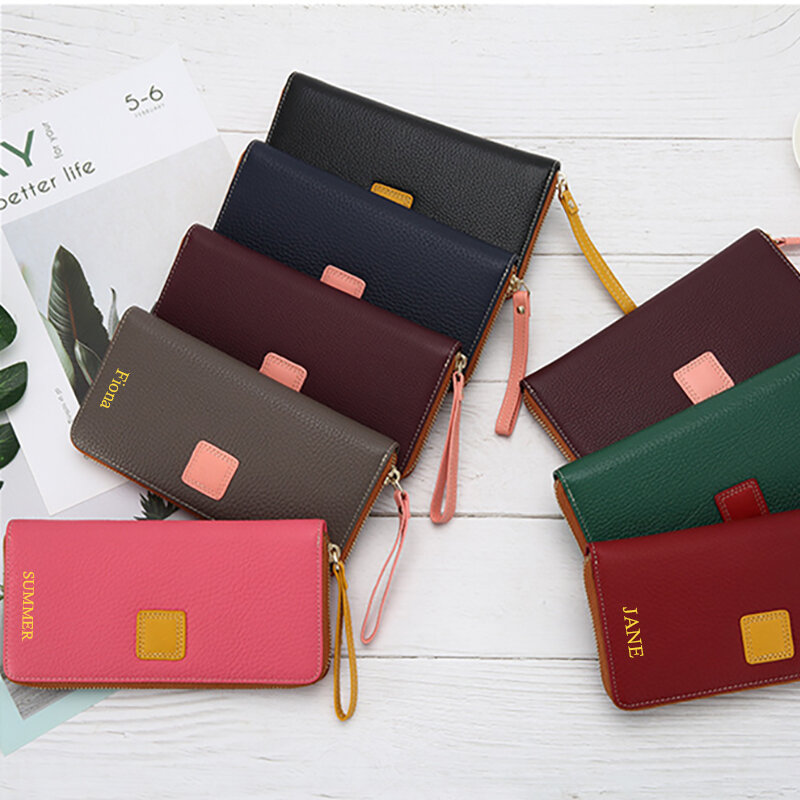 Large Capacity Custom Name Cowhide Long Wallet For Woman Genuine Leather Card Holder Leisurely Luxury Fashion Casual Coin Purse