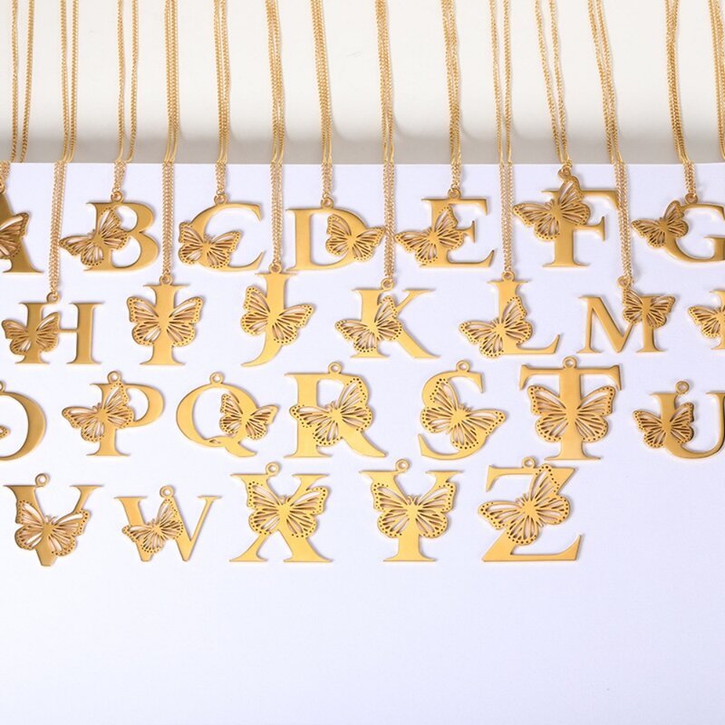 Rolo-mulheres 18k banhado a ouro colar de aço inoxidável, 26 carta pingente, escavar colar de borboleta, nova chegada