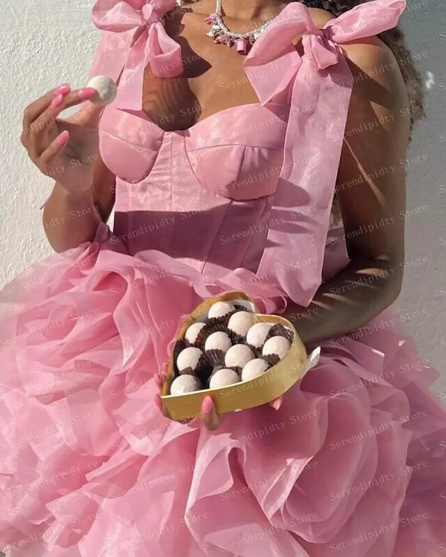 섹시한 가벼운 핑크 미니 길이 칵테일 드레스, 주문 제작 오간자 파티 원피스, 에버 프리티 가운, 넥타이 활 스타즈