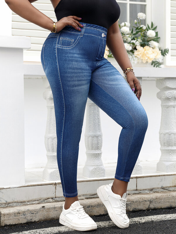 Plus Size Dames Imitatie Jeans Leggings Vintage Wash Design Mid-Taille Gebreide Broek Rekbare En Trendy Atletische Broek