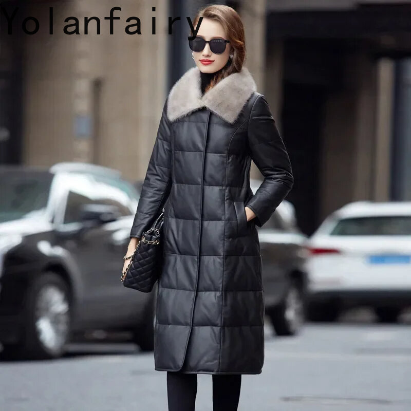 Jaqueta de pele de carneiro genuína para mulheres, casacos elegantes, gola de pele de vison real, outono e inverno, 2021
