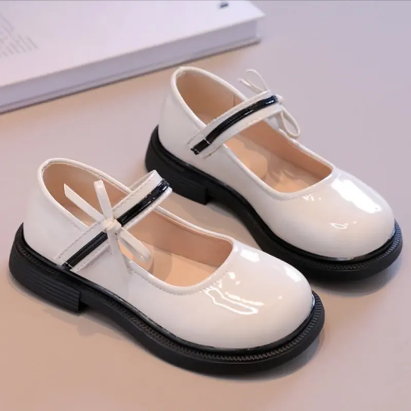 Children's Leather Shoes Spring Autumn Girl Princess Shoes Fashion Bowtie Glossy PU Kids School Dress Mary Jane Shoes Hook Loop