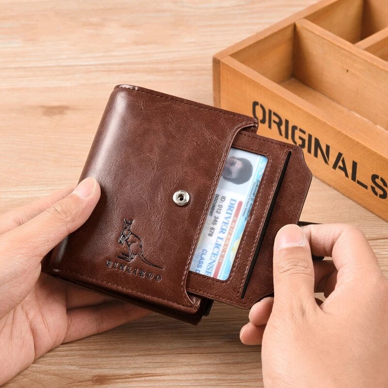 Dompet pendek kulit asli pria, kfold kartu RFID ritsleting portabel untuk lelaki