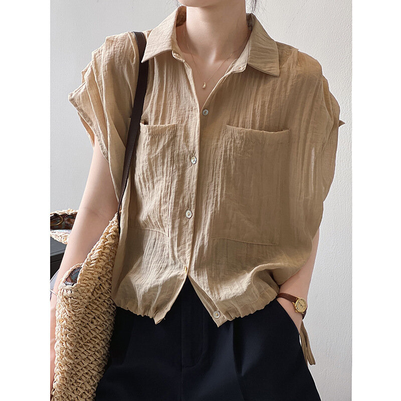 Odzież damska koszula ze sznurkiem z krótkim rękawem 2024 letnia francuski styl koszula klapa rękaw typu bombka jednolity kolor koszula na co dzień