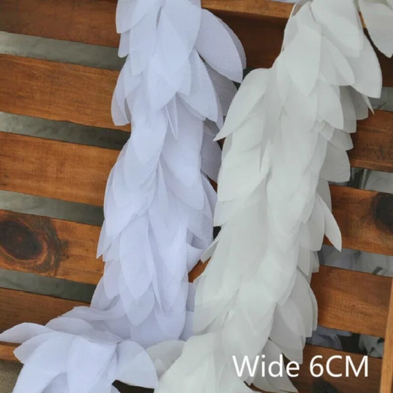 6CM szerokości biały beż 3D liści szyfonowa frędzle i koronka wykończenie tkaniny wstążka suknia ślubna pasek ozdoba na kołnierz DIY do szycia gipiury