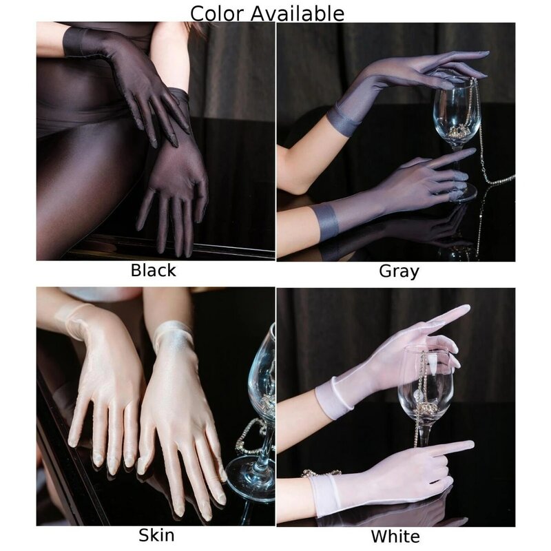 Women's Smooth Shiny Oil Sheer Five Finger See Through Evening Party Mittens Performance High Elastic Ultra-thin Female Gloves